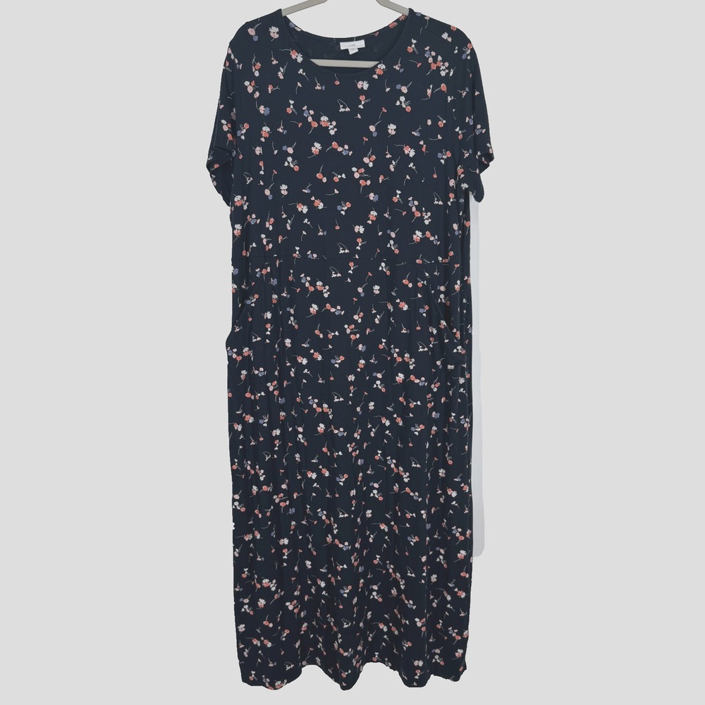 J Jill XL Navy Maxi Dress Pockets Pima Cotton Blend Stretch Minimalist Comfort
